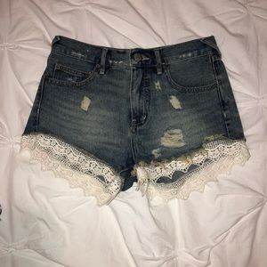 Free People Denim Shorts with Lace Trim